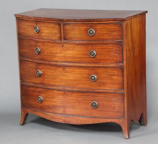 A 19th Century crossbanded mahogany bow front chest of 2 short and 3 long drawers with replacement ring drop handles, raised on splayed bracket feet 102cm h x 109cm w x 57cm d 