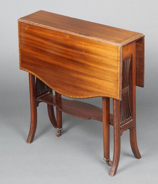 An Edwardian shaped and crossbanded mahogany Sutherland table with pierced splats to the sides 63cm h x 60cm w x 16cm d 