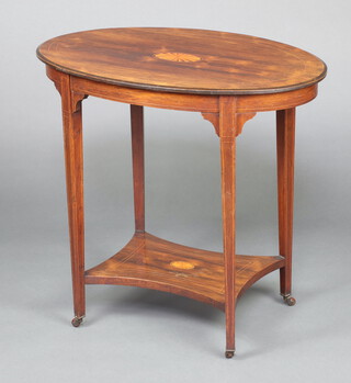 An Edwardian oval inlaid rosewood 2 tier occasional table, raised on square tapered supports with ceramic casters 71cm h x 76cm w x 48cm d 