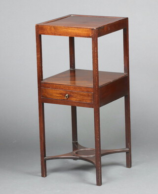 A 19th Century square mahogany 2 tier night/bedside table fitted a drawer, raised on square tapered supports with undertier 77cm h x 33cm w x 33cm d 