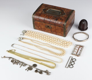 A Victorian brass bound trinket box and minor costume jewellery