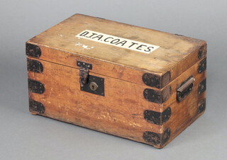 A 19th/20th Century pine metal bound tuck box with hinged lid, interior fitted a candle box 26cm h x 50cm w x 30cm d 