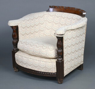A 1930's tub back chair with columns to the side, seat and back upholstered in white and cream material, 59cm h x 67cm w x 62cm d (seat 33cm x 37cm) 