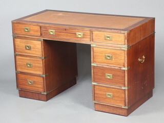 20th Century mahogany finished military style desk with brown inset leather writing surface above 1 long and 8 short drawers with brass countersunk handles 79cm h x 120cm w x 60cm d 