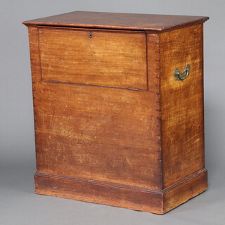 A 19th Century rectangular camphor trunk with hinged lid and fall front, with brass carrying handles to the side, raised on a platform base 95cm h x 84cm w x 50cm d 
