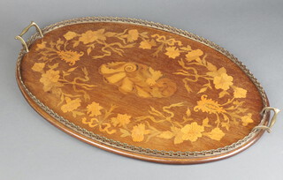 An Edwardian oval inlaid mahogany twin handled tea tray with brass gallery 4cm h x 69cm w x 45cm d 