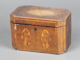 A 19th Century inlaid mahogany lozenge shaped tea caddy with hinged lid 12cm h x 18cm w x 11cm d 