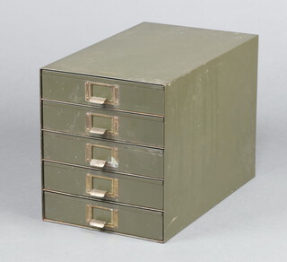 A green painted 5 drawer table top filing chest 26cm h x 23cm w x 37cm d 