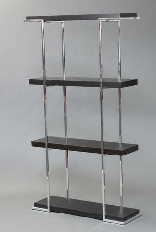 A contemporary chrome and ebonised 4 tier rectangular open bookcase/what not  184cm h x 104cm w x 34cm d 