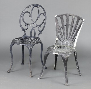 A blue painted cast aluminium garden chair on cabriole supports and 1 other 90cm h x 39cm (some paint loss in places) 