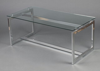 A contemporary plate glass and chrome rectangular coffee table raised on square supports with H framed stretcher 50cm h x 120cm w x 60cm d 