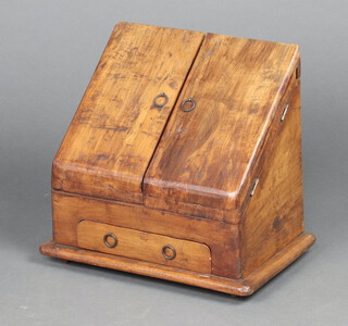 A Victorian style hardwood wedge shaped stationery box with fitted stepped interior, the base with drawer, 32cm h x 34cm w x 22cm 