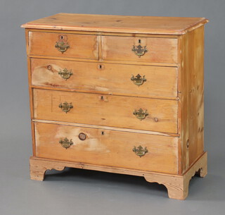 A pine chest of 2 short and 3 long drawers raised on bracket feet with brass handles 92cm h x 93cm w x 45cm d (sun bleached in places)