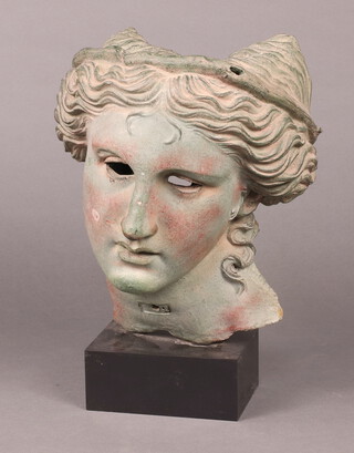 A fibre glass bust of a classical lady raised on a rectangular base 42cm h x 18cm w x 13cm d 
