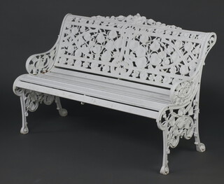 A white painted Victorian style aluminium anemone pattern garden bench 87cm h x 108cm w x 49cm d 