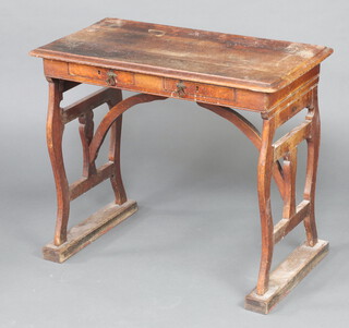 A 19th Century oak campaign style folding table fitted 2 drawers, on shaped supports 71cm h x 83cm w x 46cm d (water and contact marks in places)