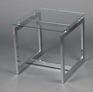 A contemporary glass and chrome square coffee table 50cm cm h x 50cm w x 50cm d 