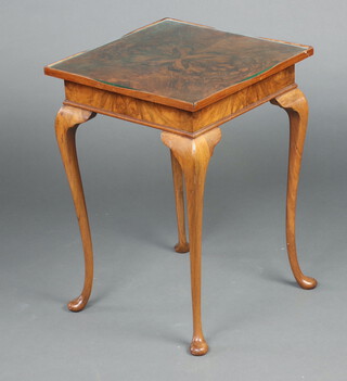 A 1930's square walnut quarter veneered occasional table on cabriole supports 63cm h x 44cm w x 44cm d 