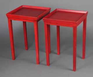 A pair of 19th Century style square red lacquered tray top lamp tables 64cm h x 42cm w x 42cm d 