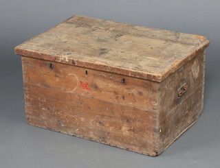 A 19th Century rectangular pine plate trunk with iron drop handles fitted 2 locks 40cm h x 74cm w x 54cm d 