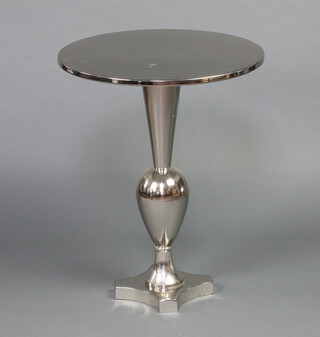 A circular pressed metal pedestal table raised on bulbous turned column and triform base 77cm h x 61cm diam. 