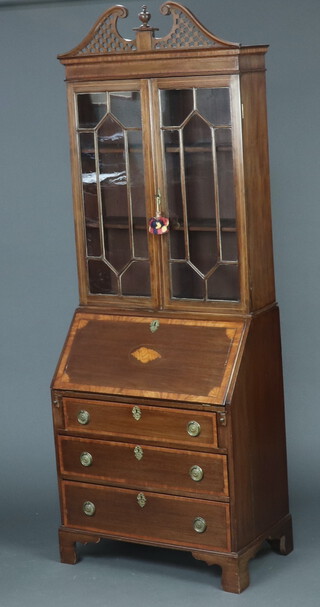 An Edwardian style inlaid mahogany bureau bookcase, the upper section enclosed by astragal glazed panelled doors, the base with fall front above 3 drawers, on bracket feet 205cm h x 76cm w x 40cm d 