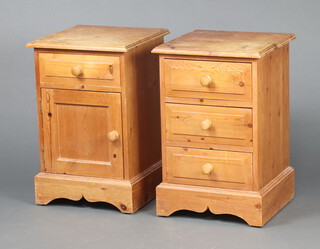 A pine pedestal beside chest of 3 drawers with turned handles, together with another similar both 60cm h x 39cm w x 38cm (water and contact marks in places)