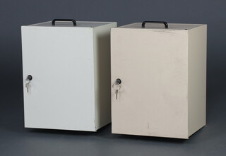 Two white painted metal strong boxes with hinged lids 27cm x 42cm x 32cm complete with key 