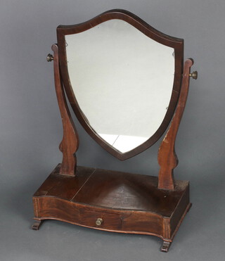 A 19th Century  style shield shaped dressing table mirror contained in a mahogany swing frame the base fitted a drawer 61cm h x 42cm w x 20cm d (silvering to the mirror is showing signs of deterioration)