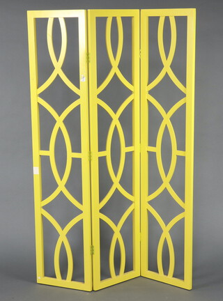 A yellow painted 3 fold fret work screen 182cm h 