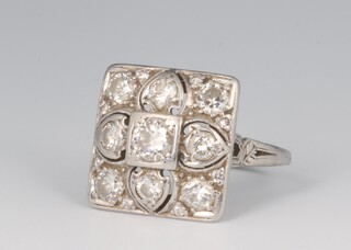 A white metal square dress ring set diamonds, the centre diamond approx. 0.4ct, the surrounding diamonds total 1.2ct, colour all G/H, clarity SI2, size O, gross weight 5.9 grams 