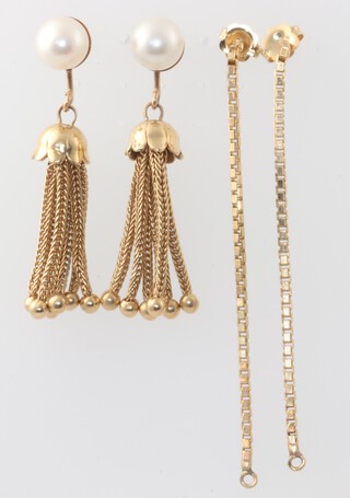 A pair of yellow metal pearl drop earrings with rope decoration together with a pair of yellow metal rope earrings, gross weight 7.1g