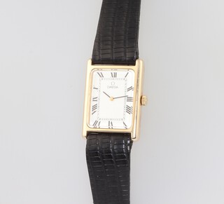 Omega, a gentleman's rectangular wristwatch, the dial with Roman numerals marked Omega, 17 jewel 625 movement, contained in a yellow metal case marked 10K G.F.B.A, the case including strap 15 grams, complete with case 