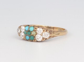 An 18ct yellow gold dress ring set turquoise and 6 diamonds to the shoulders (1 turquoise broken), size N, 3.6 grams 