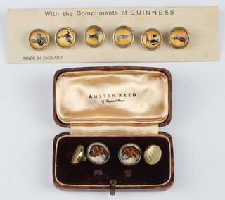 Six Guinness Toucan advertising dress studs together with a pair of gilt metal cufflinks decorated Boxer dogs 