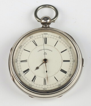 A key wind chronograph open faced pocket watch, the dial marked Chronograph 2 77, contained in a silver case, London 1845 (no key)  