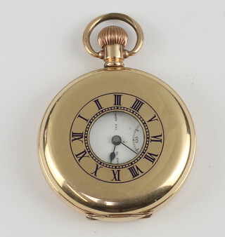 A keyless demi-hunter pocket watch with Roman numerals, subsidiary second hand, dial marked Wales and McCulloch Ltd. London contained in a gold plated case 