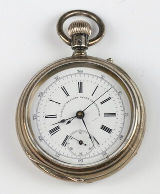 Thomas Russell and Son, a keyless lever chronograph pocket watch with enamelled dial, Roman numerals, subsidiary second hand, with Longines movement marked H A Longines Patent Longines, 18 Church Street Liverpool, Russells Patent no.3224, contained in a silver half hunter case, Chester 1880 