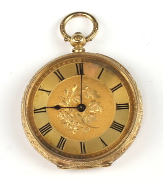 A Continental open faced key wind fob watch with gilt dial and Roman numerals, contained in a yellow metal 18K engraved case 