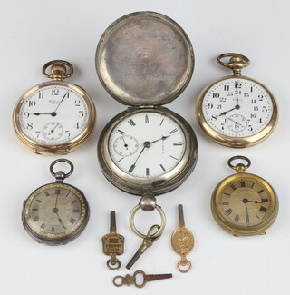 A Waltham keyless pocket watch  contained in a gold plated case, a Waltham key wind pocket watch in a full hunter case, a Continental fob watch in a half hunter silver case, pocket watch  in a gold plated case and a fob watch  