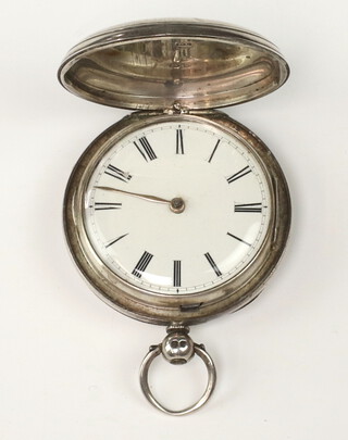 Jos. Mansfield of Shaftesbury, a fusee key wind open faced fob watch with enamelled dial and Roman numerals, contained in a silver case (subsidiary second hand missing),