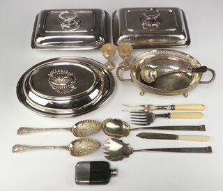 A pair of rectangular silver plated entree dishes and covers, an oval ditto, silver plated dish and a collection of flatware 