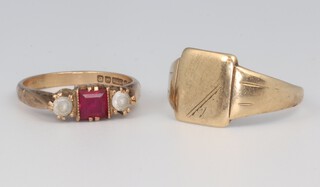 A gentleman's 9ct yellow gold signet ring (misshapen), size V, 3.2g together with a lady's 9ct gold dress ring set rubies and white stones, size N, gross weight 2.9 g