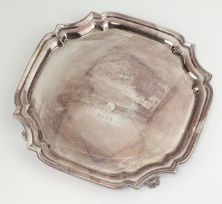 A Georgian style engraved silver salver with bracketed border, Sheffield 1994 by Asprey, 338 grams 