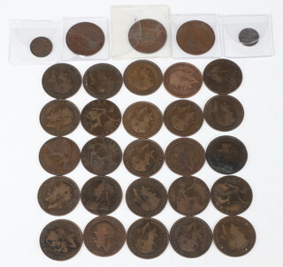 A Victorian 1844 half farthing and an 1839 fourpence together with 23 Heaton pennies, 3 Kings Norton pennies and 2 other Victorian pennies 