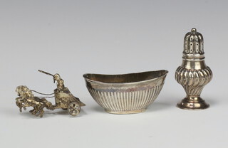 An Edwardian embossed silver miniature pepperette Sheffield 1903, 6cm, a Victorian oval demi-reeded silver salt Birmingham 1886 and a 925 standard Continental figure of a charioteer, 87 grams