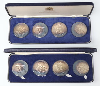 Two cased sets of 4 1974 limited edition silver Churchill medallions by Toye Kenning and Spencer, 268 grams 