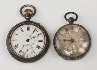 An unnamed fusee key wind fob watch in a silver case together with a keyless open faced pocket watch  with enamelled dial contained in a silver case (glass cracked, missing subsidiary second hand)