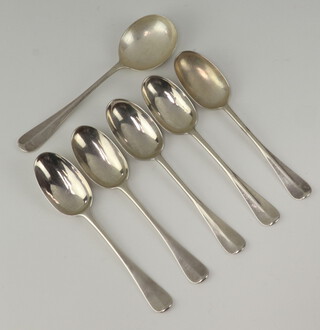 A matched set of 5 Victorian fiddle pattern rat tail pudding spoons - 2 London 1870, 3 London 1805  together with a silver rat tail soup spoon, 302 grams 