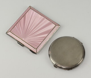A square silver and pink enamelled compact Birmingham 1948 together with a circular ditto with engine turned decoration Birmingham 1948 
